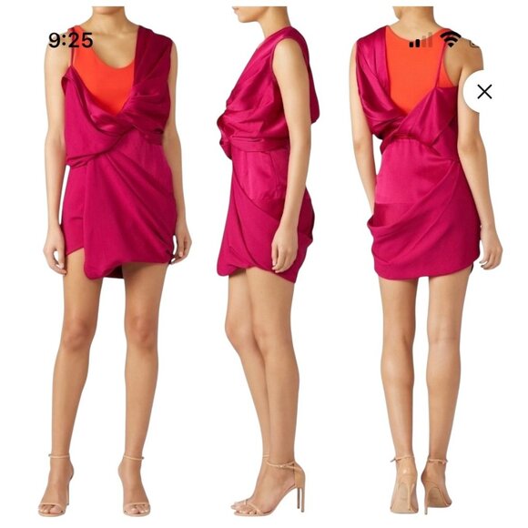 Atlein Draped Two Tone Silk Blend Dress Fuchsia Red Sleeveless Made In Italy - Picture 4 of 13
